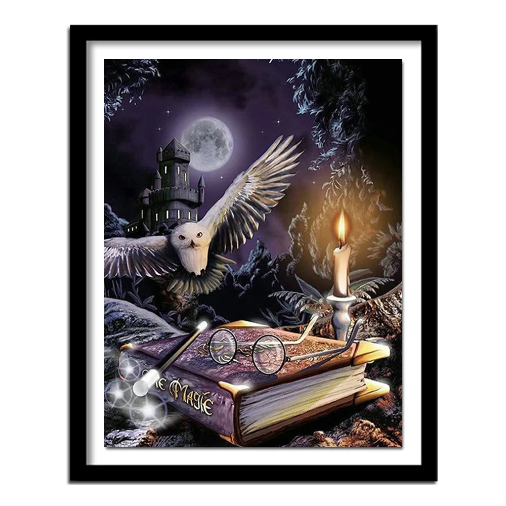 5D Diy Diamond painting Cross stitch Owl animal Diamond embroidery Magic book Full round Dimond  moon castle