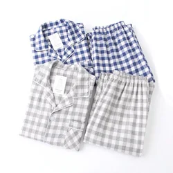 Lovers Spring New Pajama Set Plaid 100%Gauze Cotton Men And Women's Couple Sleepwear Turn-Down Collar Household Wear Casual Wear