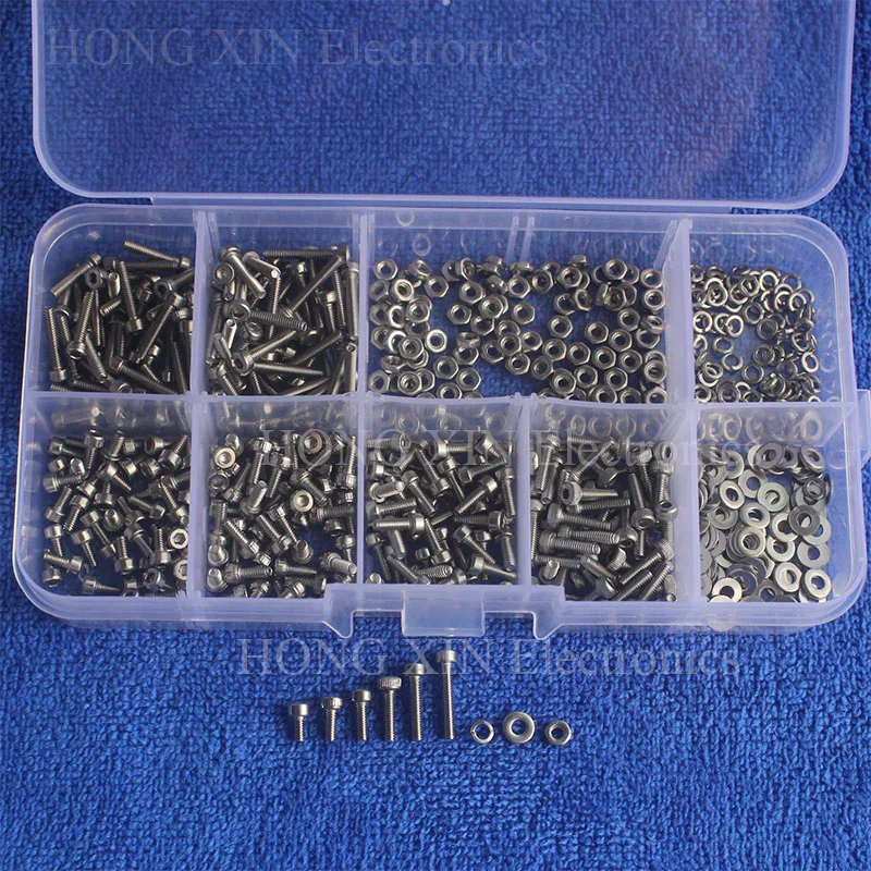 600 stks/set M2 304 Rvs Inbusschroeven Bolt Met Hex Moeren ringen Assortiment Kit Set Hardware Groothandel