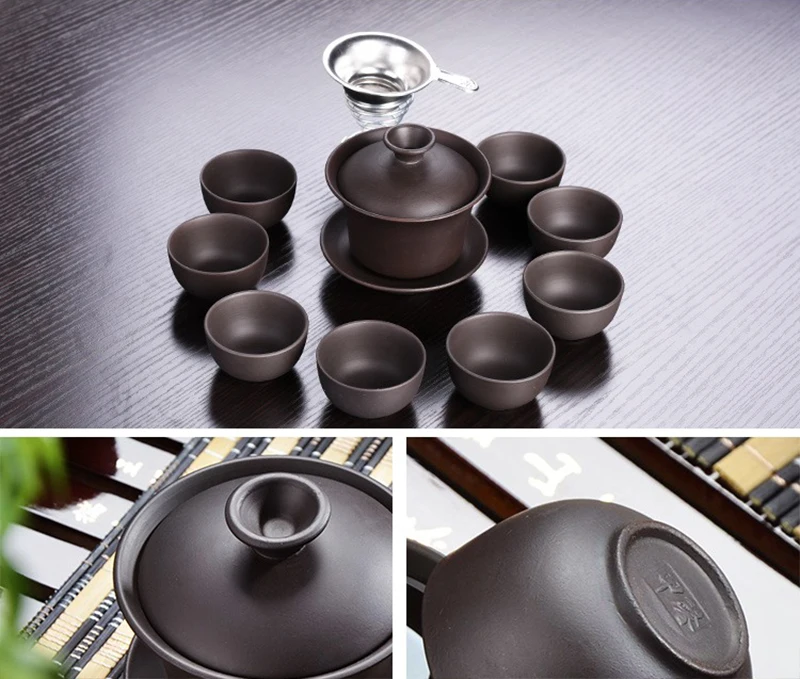 10pcs Kung Fu Tea Set 1 pot 8 Cup,Ceramic Gaiwan Chinese Drinkware Yixing Teapot Handmade Purple Clay Tea Pot Puer Cup Set