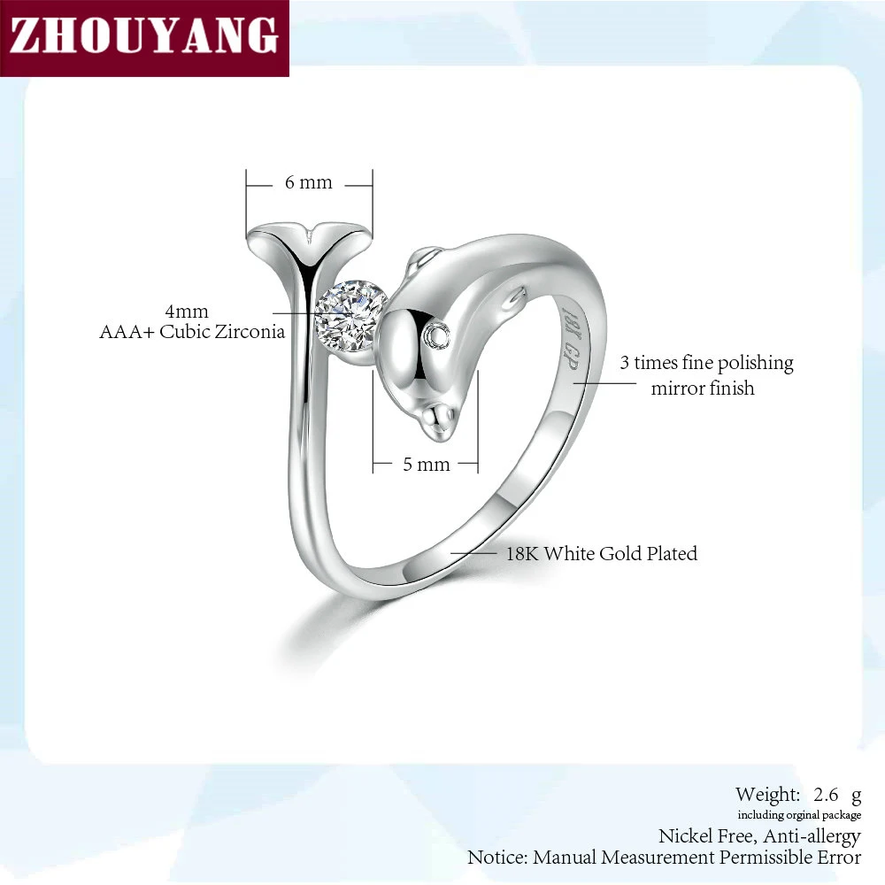 ZHOUYANG Birthstone Rings for Women Lucky Guardian Multicolor Cubic Zircon 3D Dolphins Silver Color Fashion Jewelry R789 R796