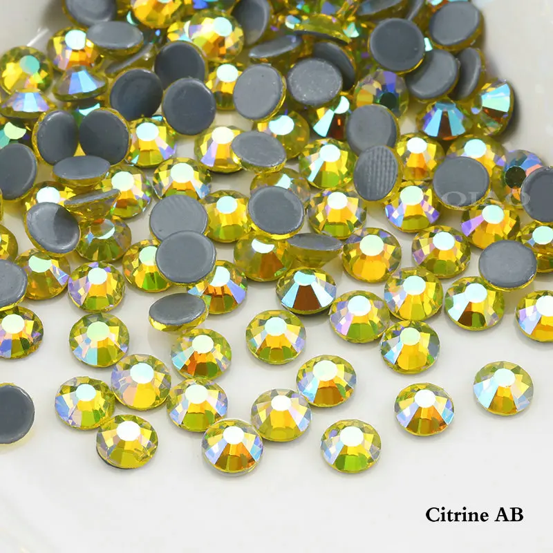 QIAO Citrine AB Hot Fix Rhinestone Plating Color Crystal Glass SS6-SS30 Iron On Rhinestone For Clothes Decoration