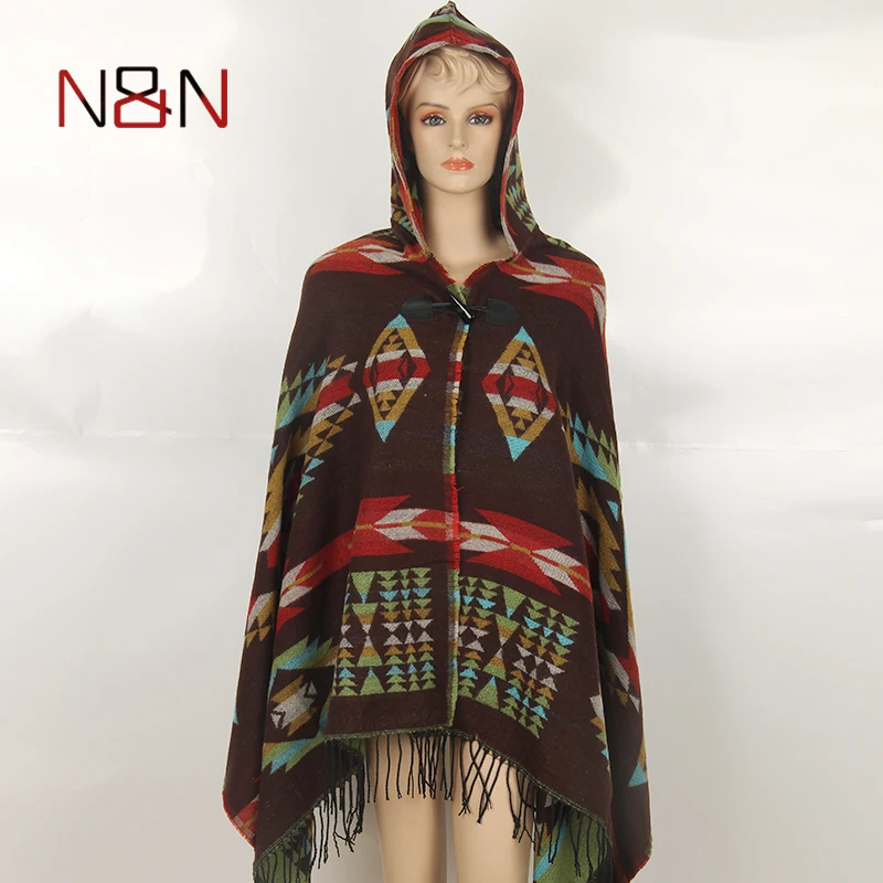 Poncho con capucha de punto de estilo moderno para mujer, bufanda sin mangas con borlas, abrigo bohemio, Pashmina informal con cuernos y hebilla,