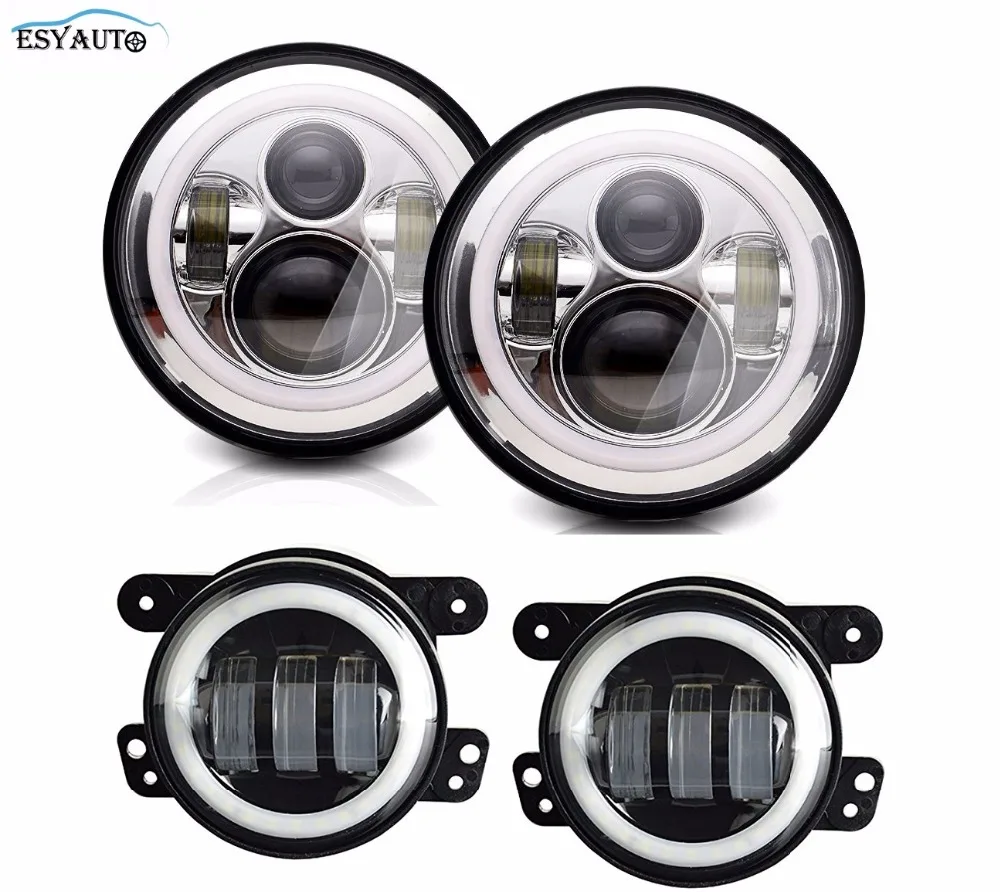 7 inch Headlights LED Angel eyes Halo Ring +4 in. Projector LED Auxiliary Angel eyes fog Lamp For TJ