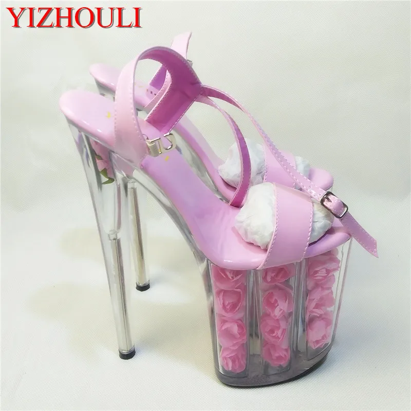 

Noble pink roses decorated, transparent sandals, 20cm high heels, wedding sandals