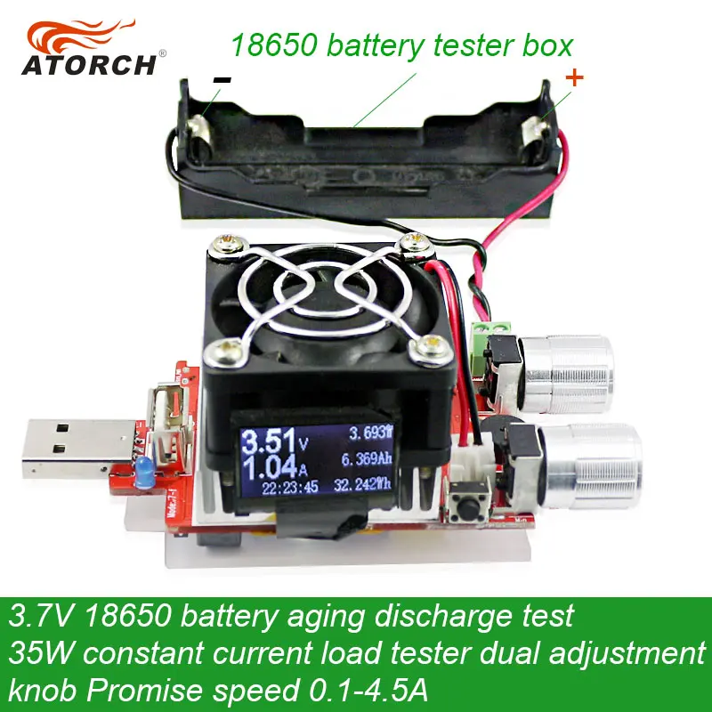 ATORCH 3.7V 18650 Test starzenia się akumulatora 35W Stałoprądowy podwójny regulowany pokrętło Tester obciążenia DC USB Tester 0.1-4.5A