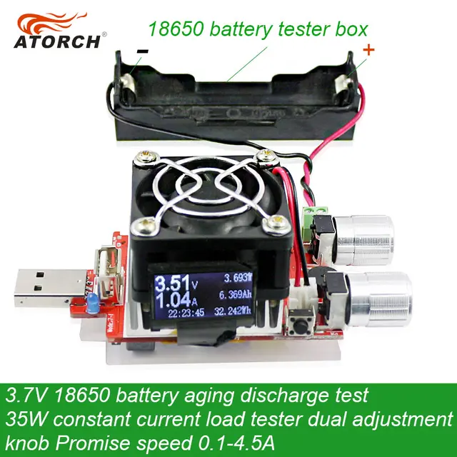 ATORCH 3.7V 18650 Test starzenia się akumulatora 35W Stałoprądowy podwójny regulowany pokrętło Tester obciążenia DC USB Tester 0.1-4.5A