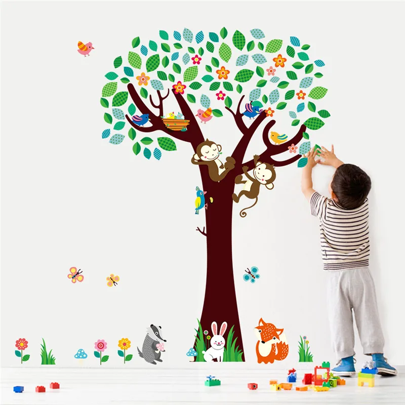 

Cartoon Forest Animal Monkeys Rabbit Birds Tree Wall Stickers For Kids Rooms Butterfly Nursery Home Decor Bedroom Poster Mural