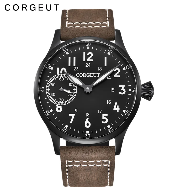 Corgeut Fashion Leather Top Luminous Mechanical Hand Winding Men Watch 17 Jewels ST3600 Seagull 6497 Movement Sport Wristwatch