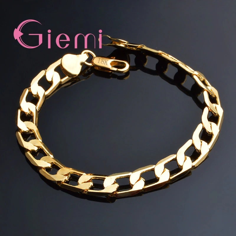 Shining Wide Flat Curb Chain Bracelets for Men Women Fine Yellow Gold Filled with Good Flexible Lobster Clasps Tags Top Quality