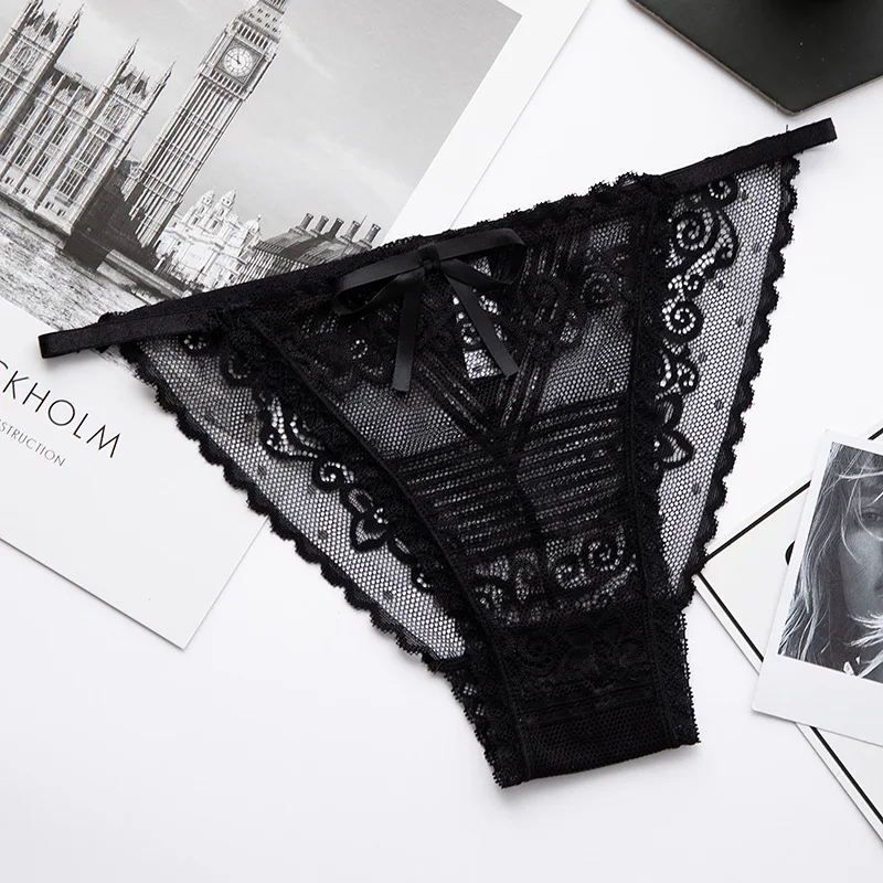 3PCS Sexy Lace Transparent Women Panties Thongs Low Waist Seamless Lady Underwear Bow Hollow Mesh Calcinha Lingerie Soft Breifs