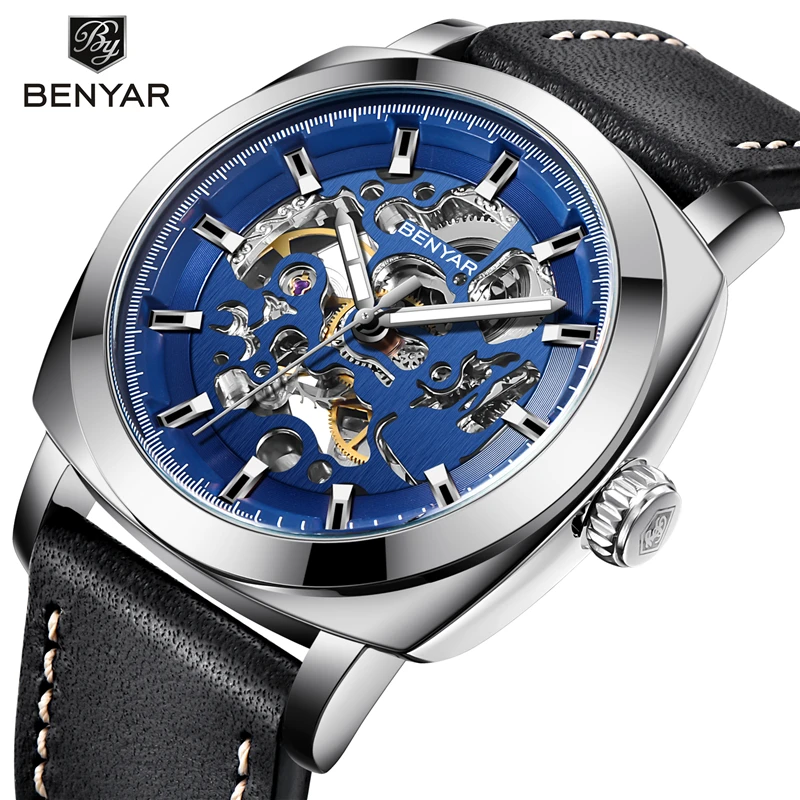 Reloj Hombre BENYAR Mens Watches Top Brand Luxury Fashion Waterproof Skeleton Wrist Watch Leather Clock Man Relogio Masculino