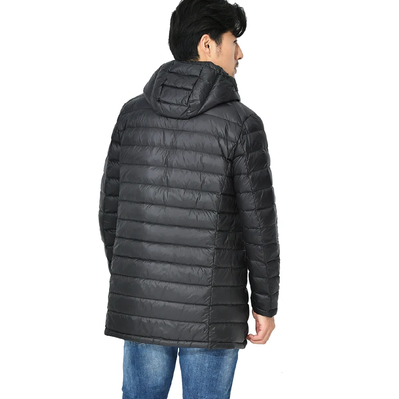 Casaco meio longo com capuz masculino 90% Duck Down Parkas, ultra leve, cor sólida, corta-roupas com zíper, casaco de outono e inverno