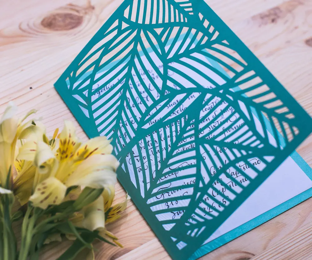 

Customized tropical Leaves Leaf Laser Cut Wedding Invitation,palm tree style invitations, personalized printed folded cards