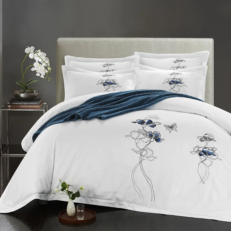 100% Cotton White Embroidered Bedding sets 4/6Pieces White Hotel Bedsheet set Duvet cover Pillow shams Double King Queen size