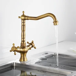 Grifos de cocina de latón antiguo, giratorio 360 grifo de fregadero de cocina, mezclador de lavabo de baño, manijas duales, grifo de agua fría y caliente