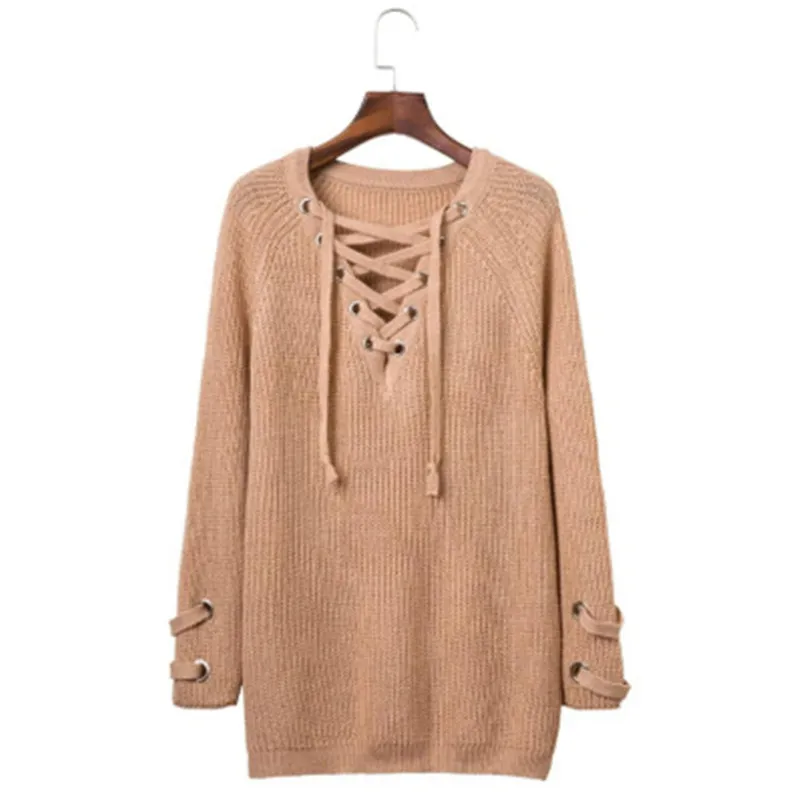 New 2020 Autumn Winter Sexy Lace Up Knitted Sweater Loose V-neck Long Sleeve Women Sweaters and Pullovers Outwear SW647