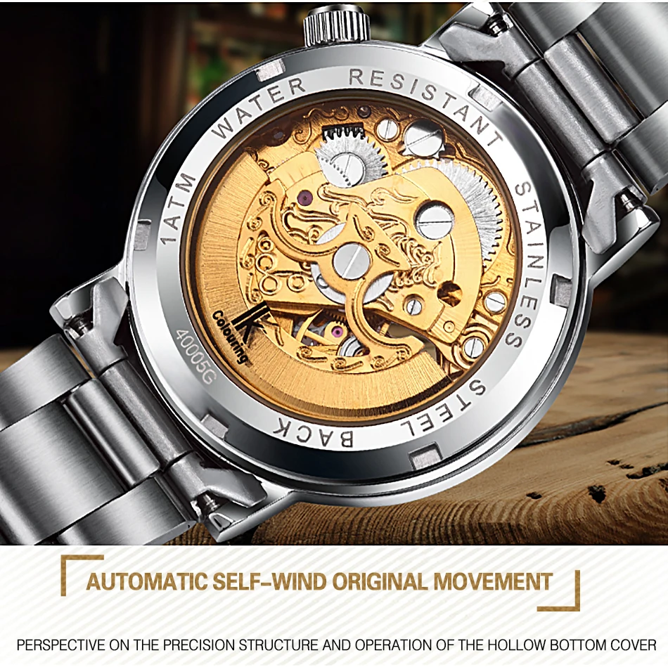 IK Colouring Women Silver Case Steampunk Skeleton Automatic   Mechanical Watches Stainless Steel Strap Wristwatches Montre Femme