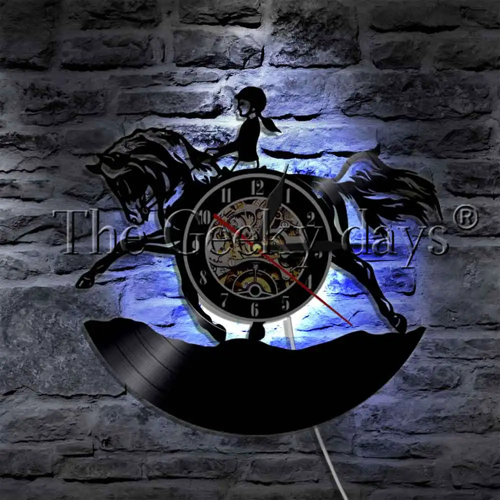 Horsewoman Equestrianism LED Light Vinyl Record Wall Clock With LED illumination Horse Riding Jumper Fence Girl Wall Lamp