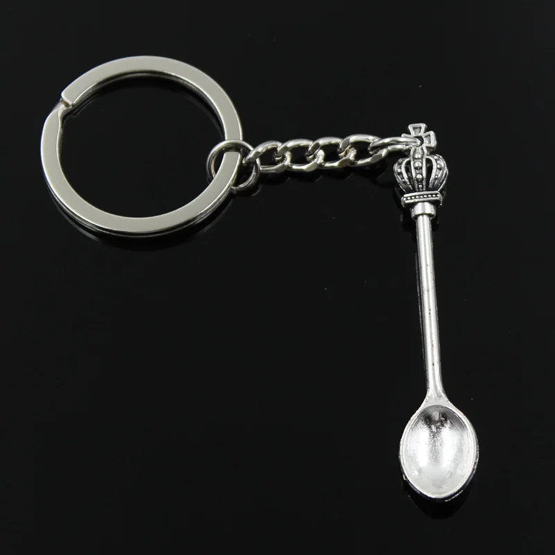 New Fashion Men 30mm Keychain DIY Metal Holder Chain Vintage Kitchen Spoon Crown 57x9mm Silver Color Pendant Gift