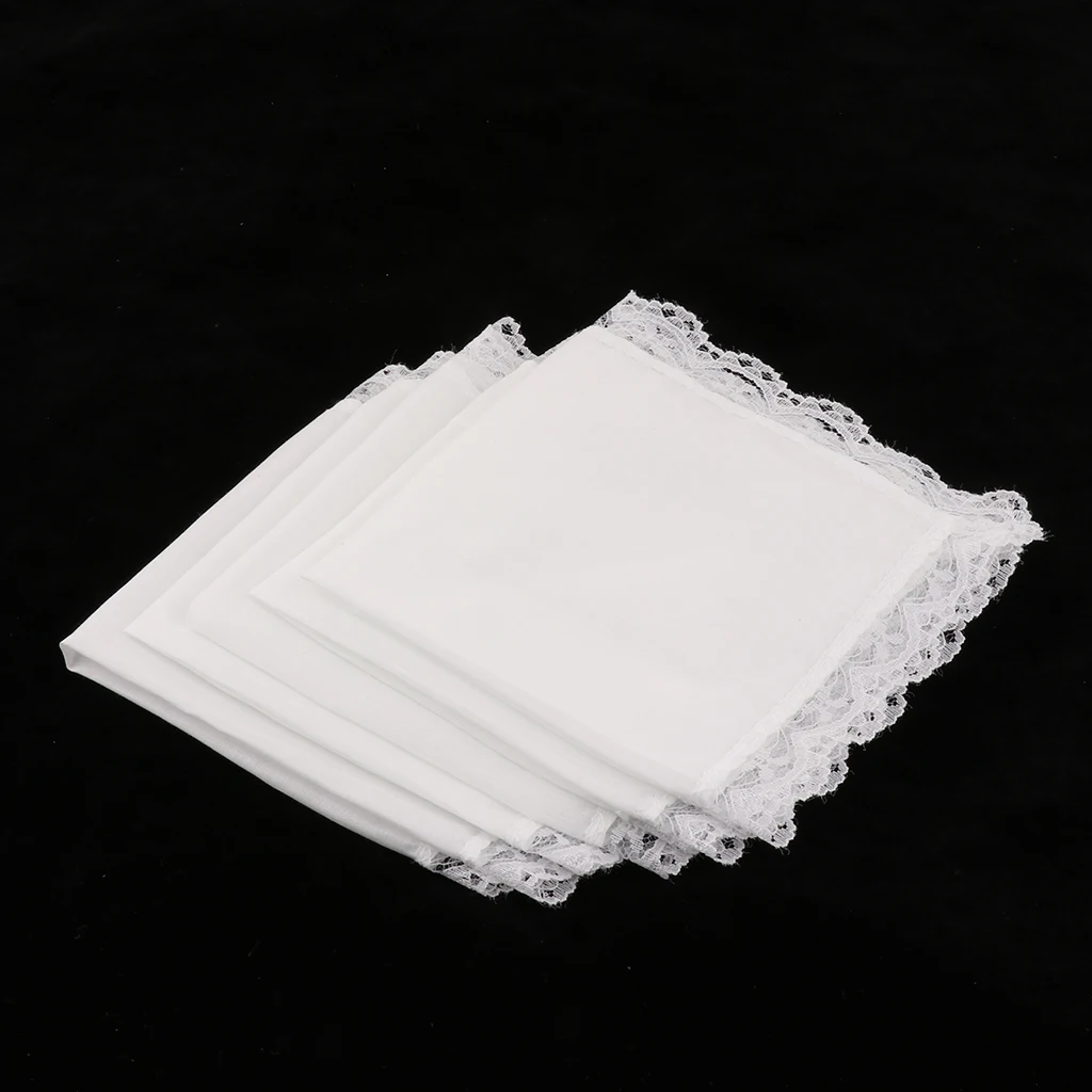 5 Pieces Ladies Embroidery Cotton Handkerchiefs Lace Border White Hanky for Wedding Party Banquet