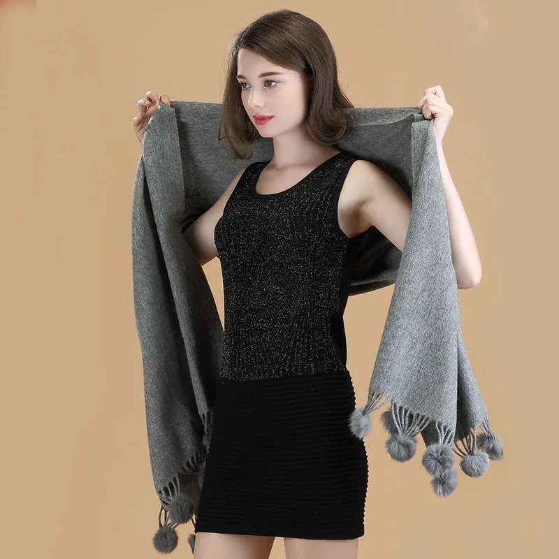 New Arrival Solid Gray Women's 100% Wool Rabbit Fur Balls Pashmina With Fine Tassel Thick Long Shawl Scarf Warm 112804