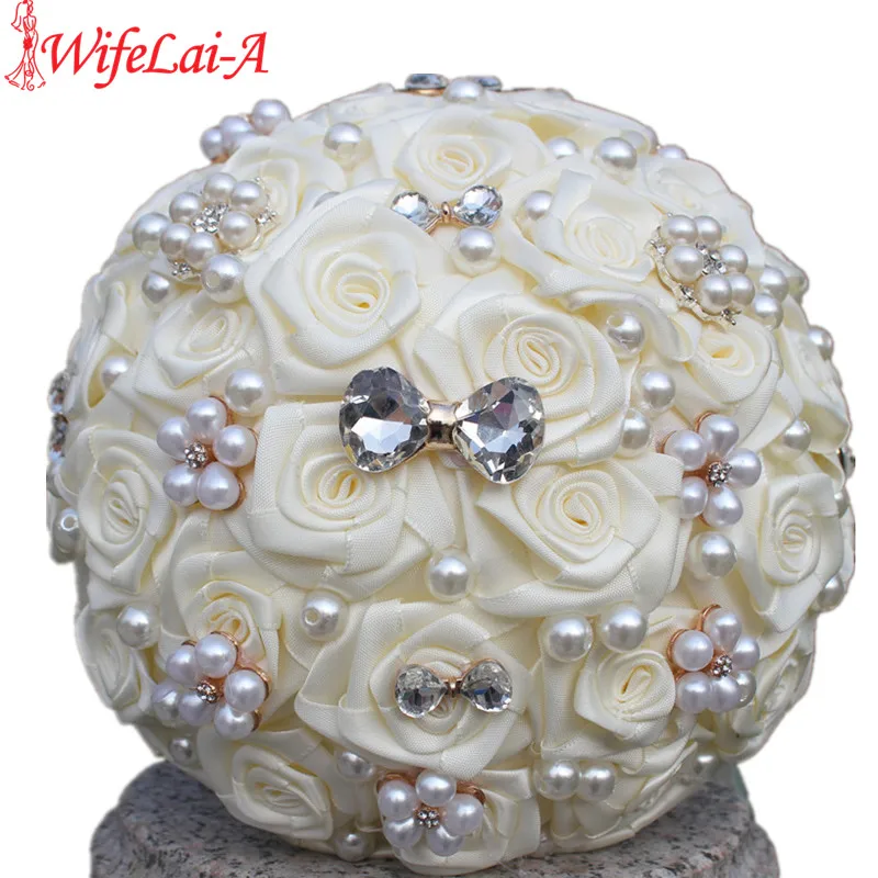 Elegant Cream Bridal Wedding Bouquet With Pearl Beaded Brooch Silk Wedding Bride Bouquet Polyester Ribbon Flowers W128-1