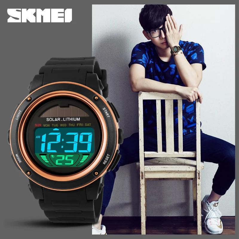 SKMEI Outdoor Sport Watch Men Solar PU Strap Wristwatches Mens Chronograph Alarm 5Bar Waterproof Digital Watch reloj hombre 1096