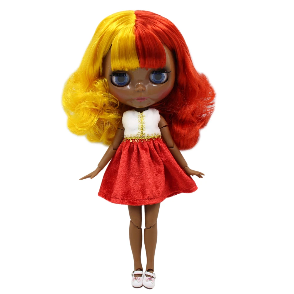 

ICY DBS Blyth doll super black dark skin joint body dark Yellow and Red short hair with curly hair.No.BL1248/3038