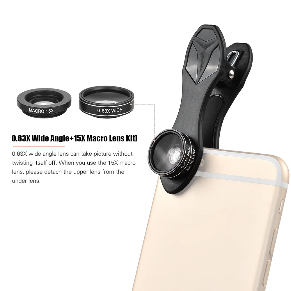 APEXEL APL-DG5H 5 in 1 Lens Kit 0.63X Wide Angle Lens 15X Macro Lens 2X Telescope CPL Lenses for iPhone Samsung Huawei Xiaomi