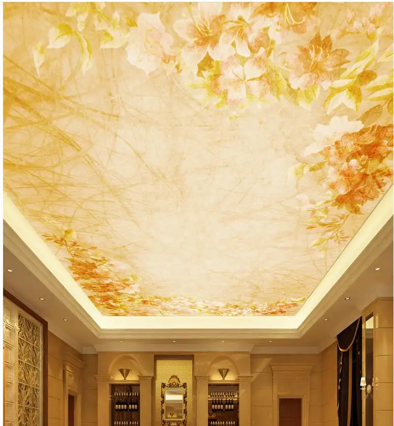 

Custom photo wallpaper 3D Eurpean Golden flower ceiling 3d wallpaper living room Mural 3d wallpaper ceiling