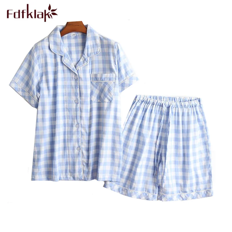 

Fdfklak New cotton pyjamas women short sleeve plaid pijamas women spring summer sleepwear pajamas set pyjama femme 2021