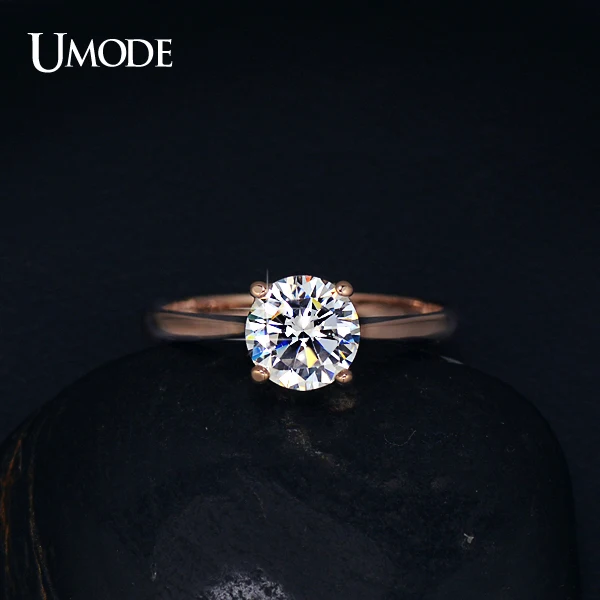 UMODE Rose Gold Color 4 Prongs 1.25 Carat Single CZ Shiny Stone Simple Engagement Rings JR0136A