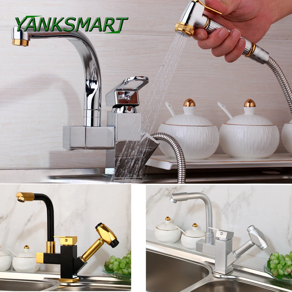 

YANKSMART 6 Choice Pull Out Kitchen Faucet Black Mixer Deck Mounted Tap Single Handle Dual Sprayer Mixer ORB Chrome Finish