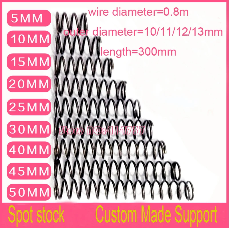 5pcs 0.8*10/11/12/13*300mm series  spot spring 0.8mm wire compression pressure springs spring OD=10/11/12/13mm