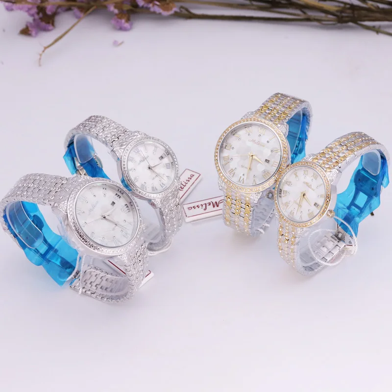 Luxury Melissa Men's Watch Women's Watch Elegant Rhinestone Stainless Steel Large Hours Crystal Clock Girl Birthday Gift Box