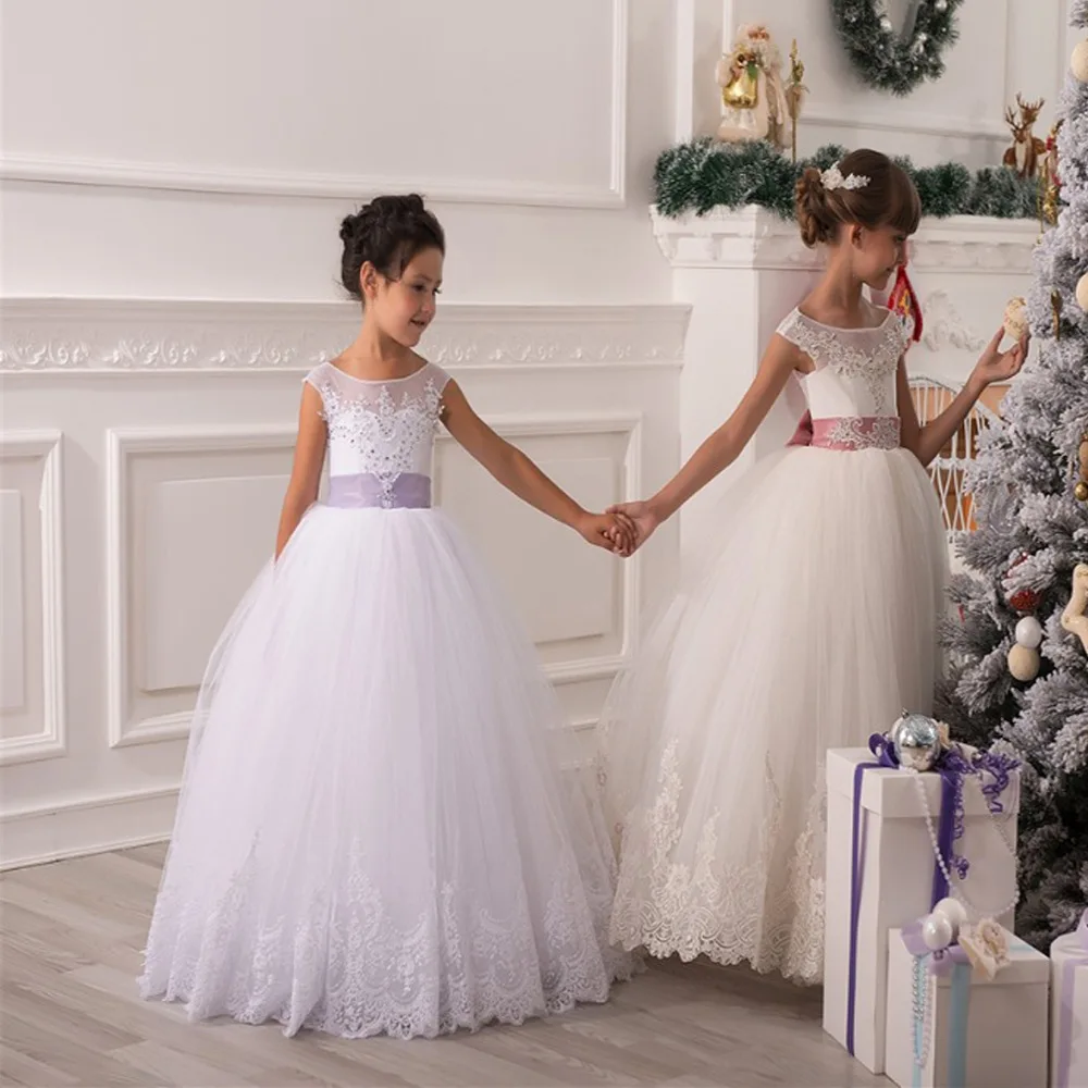 

New Flower Girls Dresses For Wedding Tulle Lace Long Girl Dress Party Christmas Gown Dress Princess Costume For Girls