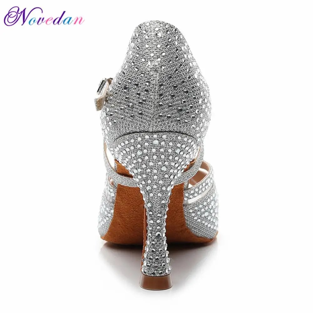 Latin Dance Shoes Women Rhinestone Glitter Salsa Ballroom Sandals Party Dancing Shoes High Heels 9cm Silver White