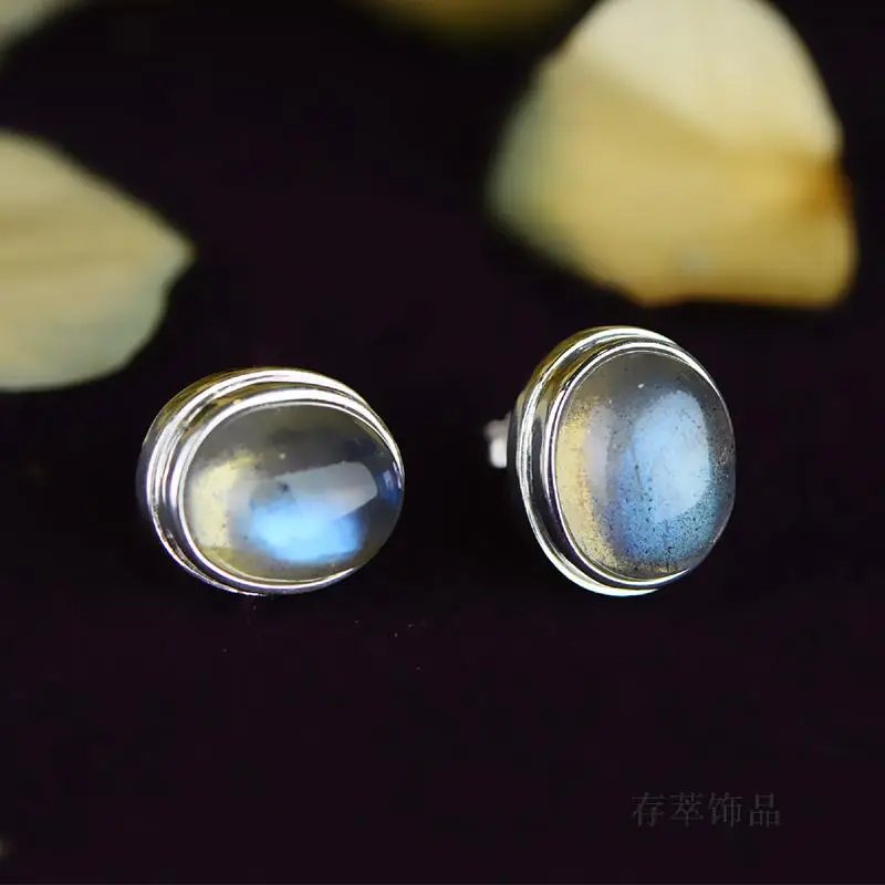 S925 Sterling Silver India Nepal Manual Mosaic Moonlight Labradorite Earrings Stud Earrings Blu-Ray Egg-Shaped Ellipse