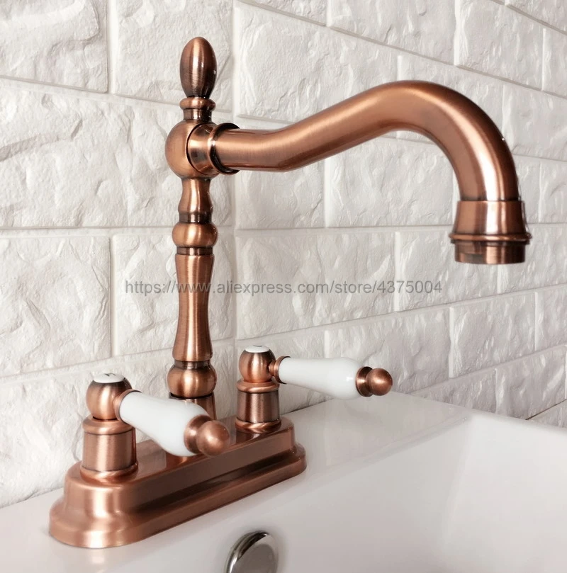 

Antique Red Copper Double Handle Bathroom Basin Sink Tap Hot and Cold Water Mixer Tap Deck Mounted Swivel Spout Faucet Nrg049