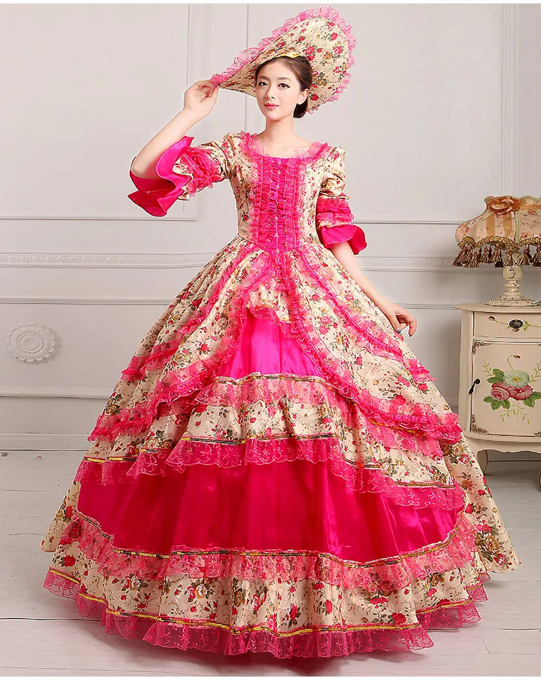 Deluxe 18th Century Coronation Ball Gown Medieval Historical Halloween Victorian Dress Gothic Party Cosplay Costume with hat