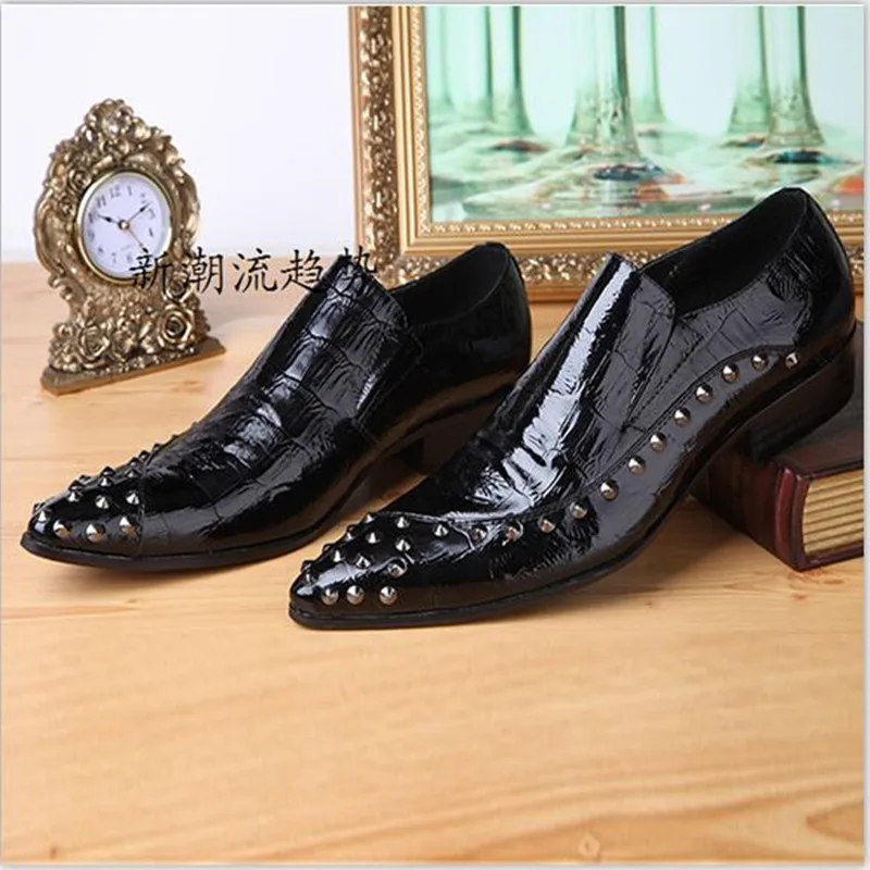 

Italy Brand Fashion Men Party Wedding Shoes Studded Handmade Loafers Men Snakeskin Leather Shiny Black Dress Shoes Size 47