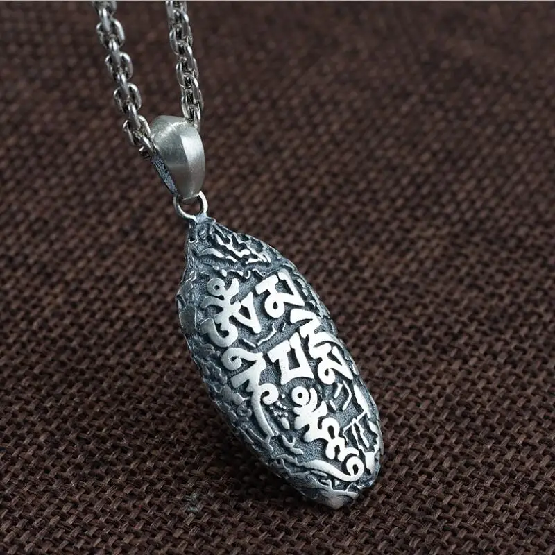 

100% 925 Silver Tibetan Six Words Poverb Pendant Necklace Real Silver Buddhist OM Mantra Amulet Necklace Lucky Necklace Pendant