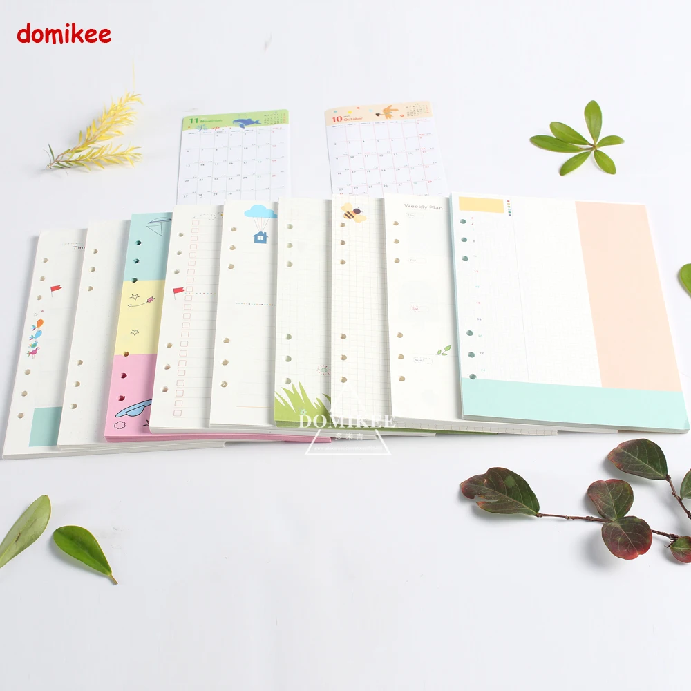 Cute 6 holes replacement inner paper core for spiral notebook:daily weekly monthly planner line grid dots list stationery A5 A6