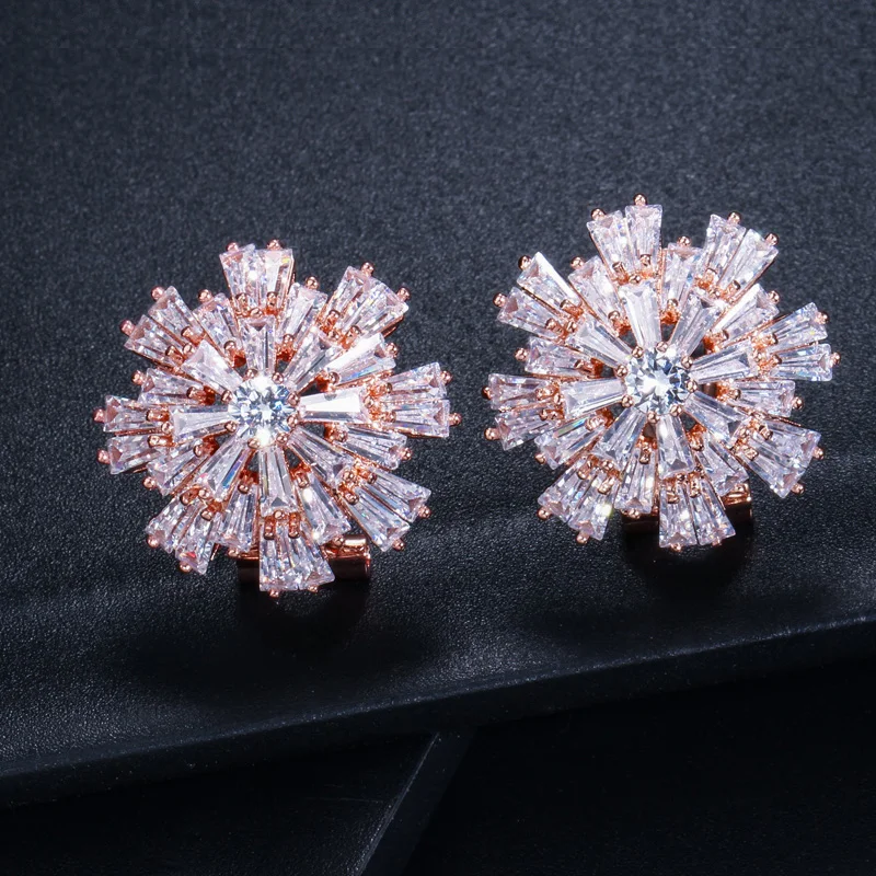 CWWZircons Luxury Cubic Zirconia Jewelry Rose Gold Color Large Sparkling Snowflake Big Zircon Crystal Earrings for Girls CZ137