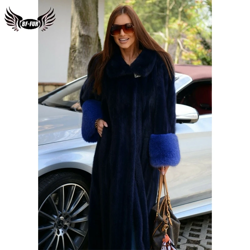 120cm Long Winter Fashion Natural Mink Fur Coat For Women With Blue Fox Fur Cuff Full Pelt Mink Fur Jackets Genuine Overcoats