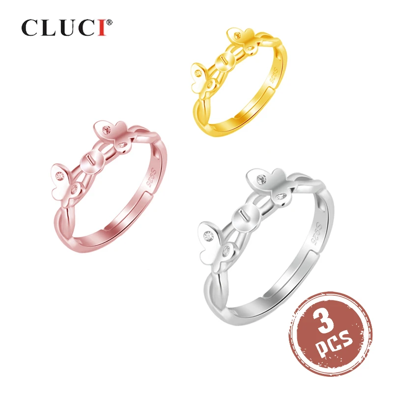 CLUCI 3pcs Silver 925 Butterfly Rings for Women Pearl Ring Mounting 925 Sterling Silver Adjustable Zircon Rings Jewelry SR2177SB