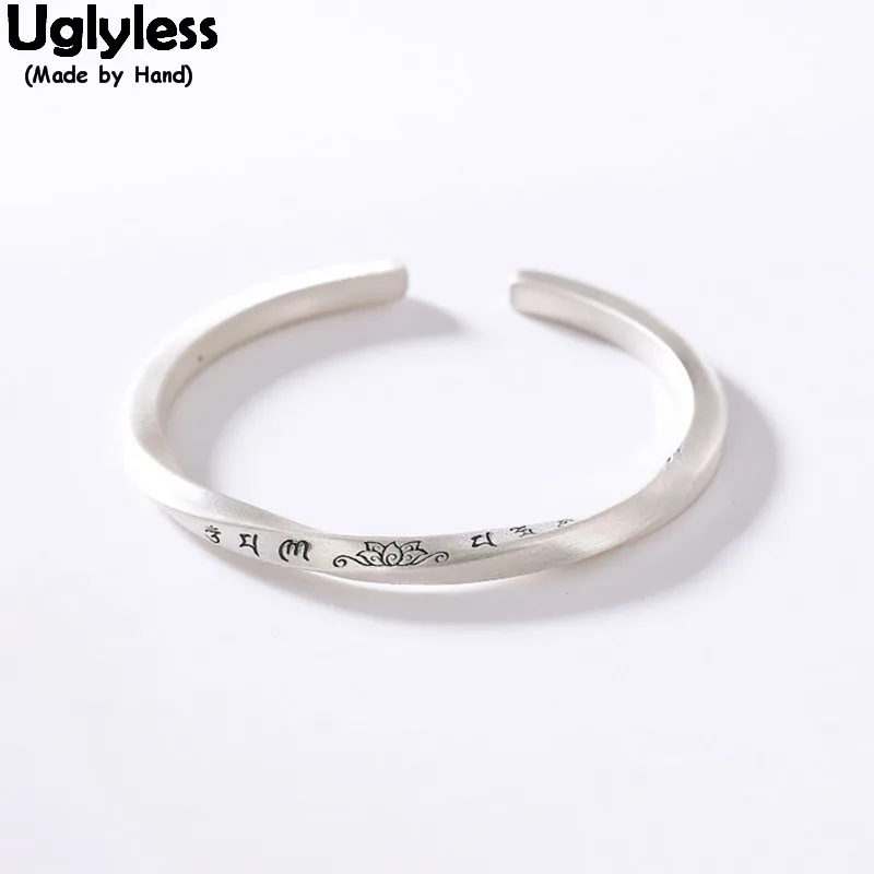 

Uglyless Adjustable Twist Bangles for Buddhists Men Women Six-word Buddhism Square Bangles Real 99.9% Silver Lotus Bracelets