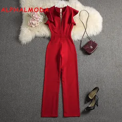 ALPHALMODA New Summer Women Deep V-neck Sexy Jumpsuits Solid Color Straight Full Length Pants Ladies Party Overall Outfit