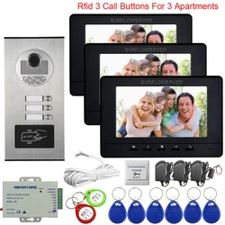 Intercomunicador de 7 pulgadas con 3 botones, intercomunicador con cámara de vídeo, portero automático, Control de acceso, intercomunicador de seguridad para 3 apartamentos